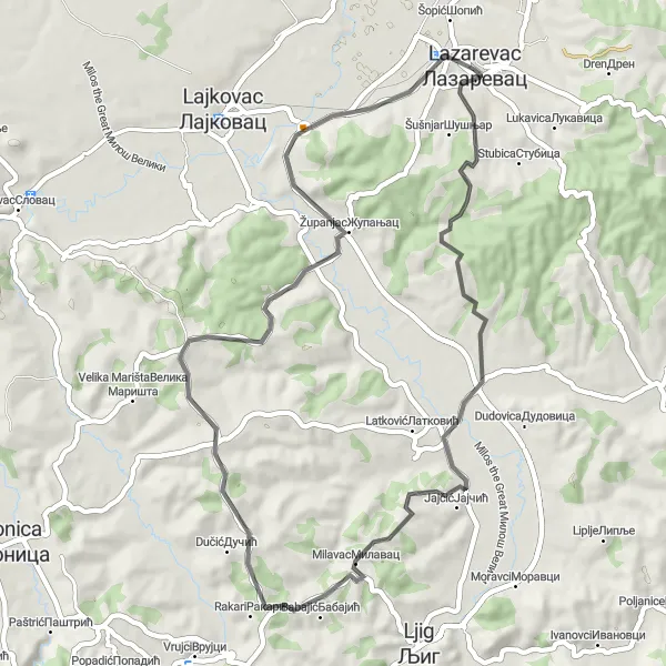 Map miniature of "Lazarevac Loop" cycling inspiration in City of Belgrade, Serbia. Generated by Tarmacs.app cycling route planner