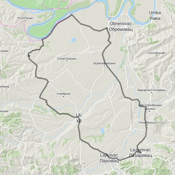 Map miniature of "Lajkovac Adventure" cycling inspiration in City of Belgrade, Serbia. Generated by Tarmacs.app cycling route planner