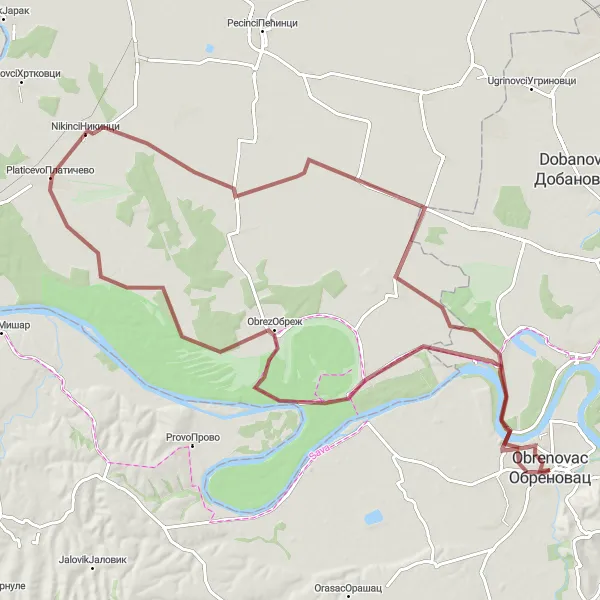Map miniature of "Obrenovac to Kupinovo Loop" cycling inspiration in City of Belgrade, Serbia. Generated by Tarmacs.app cycling route planner
