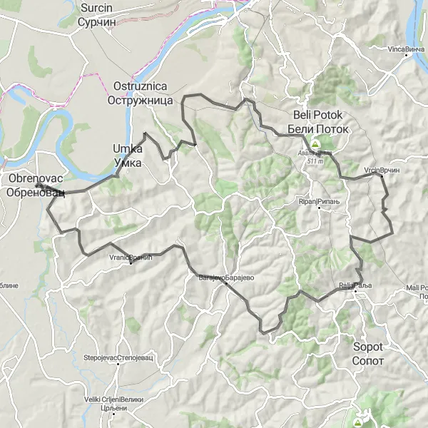 Map miniature of "Obrenovac to Barajevo Loop" cycling inspiration in City of Belgrade, Serbia. Generated by Tarmacs.app cycling route planner