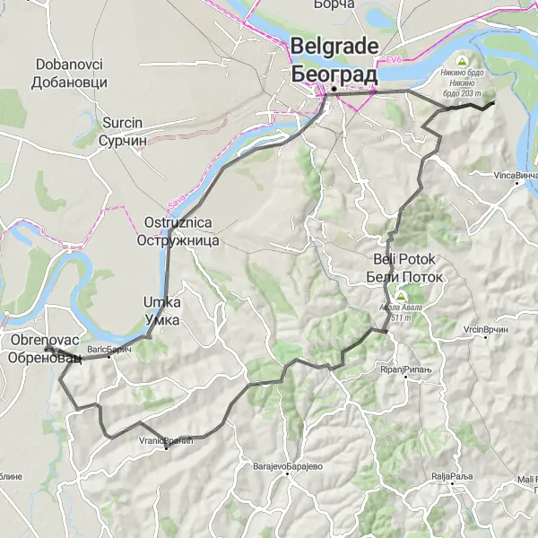Map miniature of "Hills and Villages" cycling inspiration in City of Belgrade, Serbia. Generated by Tarmacs.app cycling route planner