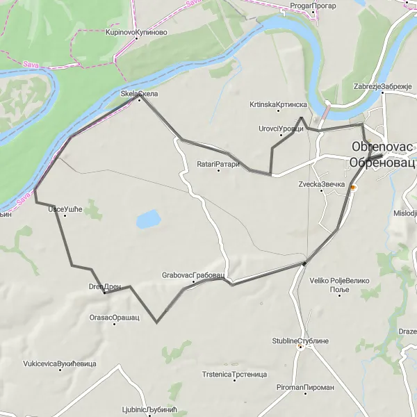 Map miniature of "Obrenovac to Sava Circuit" cycling inspiration in City of Belgrade, Serbia. Generated by Tarmacs.app cycling route planner