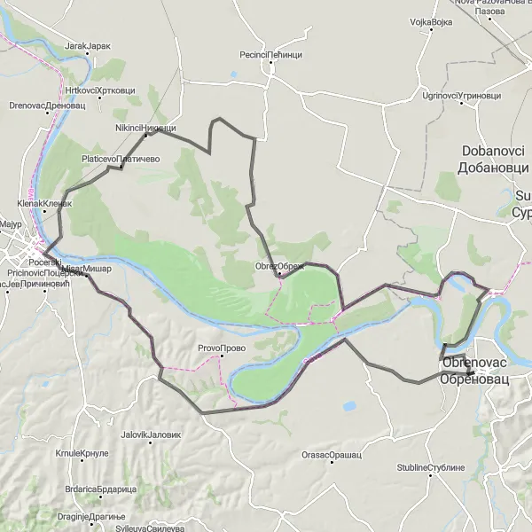Map miniature of "Obrenovac to Boljevci Circuit" cycling inspiration in City of Belgrade, Serbia. Generated by Tarmacs.app cycling route planner
