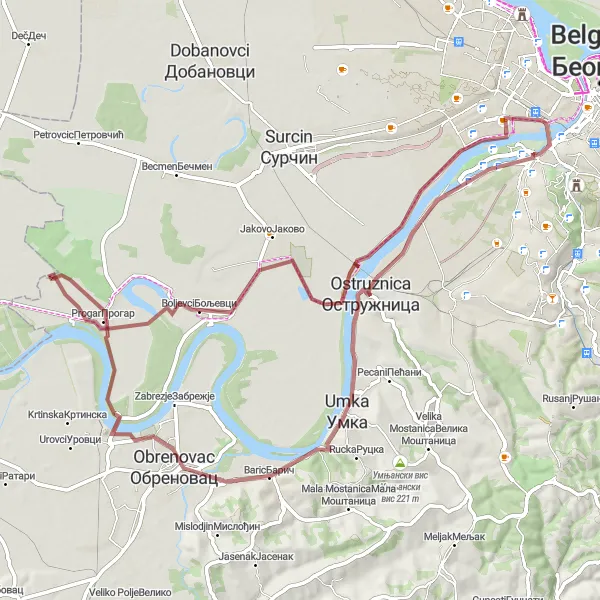 Map miniature of "Gravel Adventure" cycling inspiration in City of Belgrade, Serbia. Generated by Tarmacs.app cycling route planner