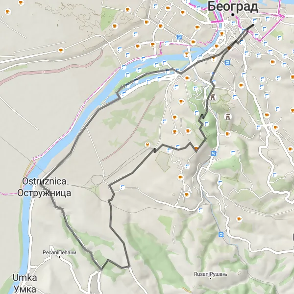 Map miniature of "Košutnjak Scenic Ride" cycling inspiration in City of Belgrade, Serbia. Generated by Tarmacs.app cycling route planner