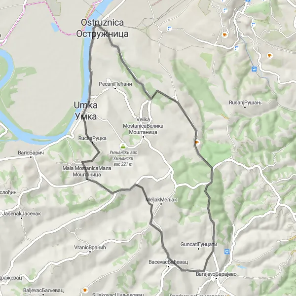 Map miniature of "The Sremcica Adventure" cycling inspiration in City of Belgrade, Serbia. Generated by Tarmacs.app cycling route planner