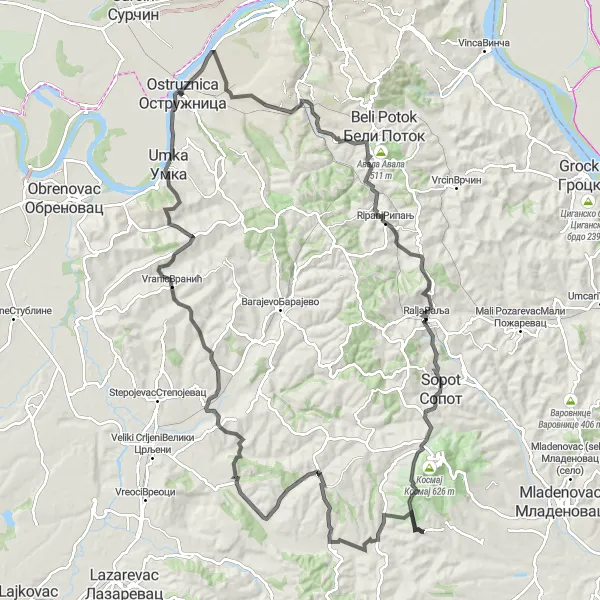 Map miniature of "Mountainous Adventure" cycling inspiration in City of Belgrade, Serbia. Generated by Tarmacs.app cycling route planner