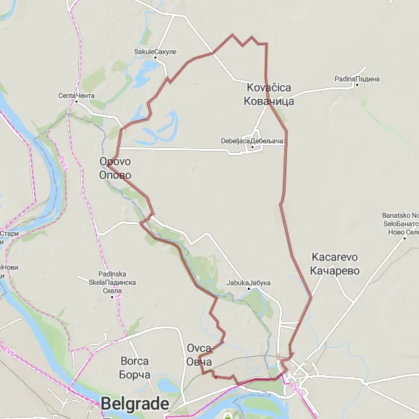 Map miniature of "Sefkerin to Pančevo Gravel Adventure" cycling inspiration in City of Belgrade, Serbia. Generated by Tarmacs.app cycling route planner