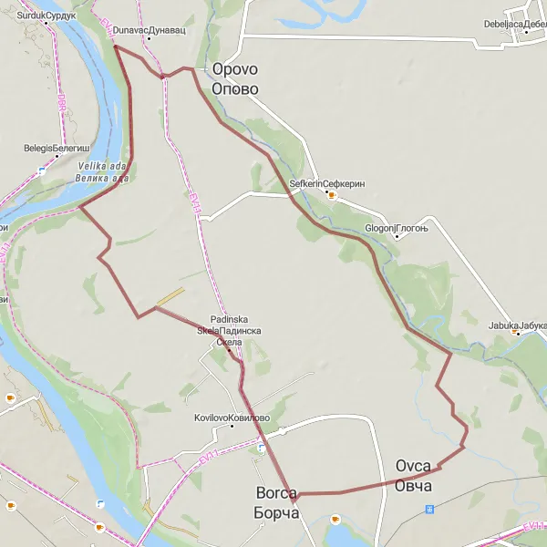 Map miniature of "Padinska Skela Loop" cycling inspiration in City of Belgrade, Serbia. Generated by Tarmacs.app cycling route planner