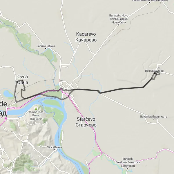 Map miniature of "Dolovo-Pančevo-Ovča Road Adventure" cycling inspiration in City of Belgrade, Serbia. Generated by Tarmacs.app cycling route planner