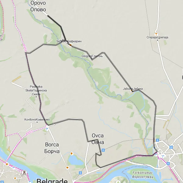 Map miniature of "Shomina Hill and Sefkerin Loop" cycling inspiration in City of Belgrade, Serbia. Generated by Tarmacs.app cycling route planner