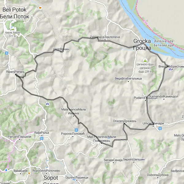 Map miniature of "Ripanj - Drazanj Loop" cycling inspiration in City of Belgrade, Serbia. Generated by Tarmacs.app cycling route planner