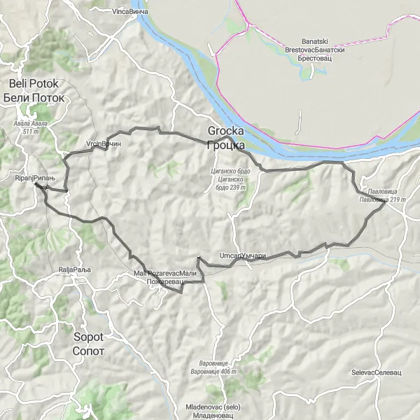 Map miniature of "Ripanj to Drazanj Loop" cycling inspiration in City of Belgrade, Serbia. Generated by Tarmacs.app cycling route planner