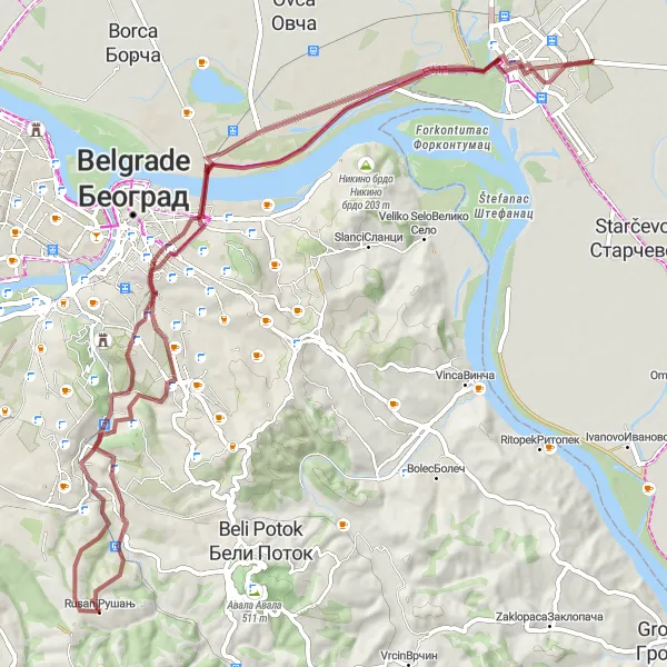 Map miniature of "Vracar Gravel Expedition" cycling inspiration in City of Belgrade, Serbia. Generated by Tarmacs.app cycling route planner