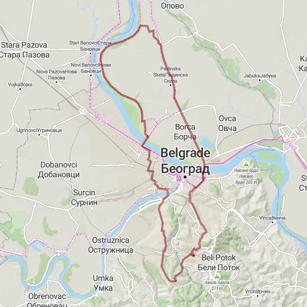 Map miniature of "Besni Fok and Vracar Gravel Adventure" cycling inspiration in City of Belgrade, Serbia. Generated by Tarmacs.app cycling route planner