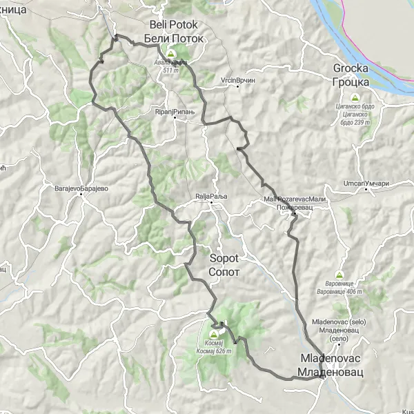 Map miniature of "Kosmaj and Pinosava Loop" cycling inspiration in City of Belgrade, Serbia. Generated by Tarmacs.app cycling route planner