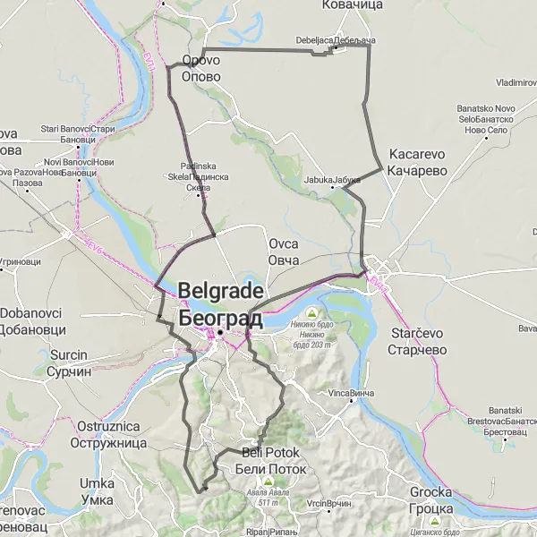 Map miniature of "Pancevo and Debeljaca Adventure" cycling inspiration in City of Belgrade, Serbia. Generated by Tarmacs.app cycling route planner