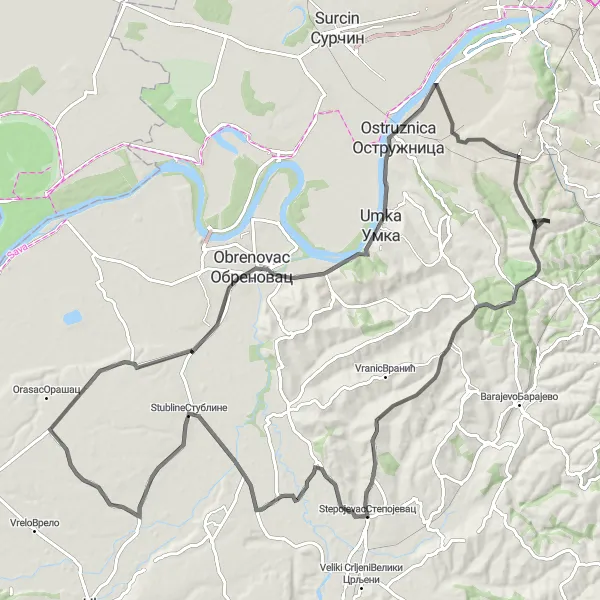 Map miniature of "Meljak Classic Road Ride" cycling inspiration in City of Belgrade, Serbia. Generated by Tarmacs.app cycling route planner