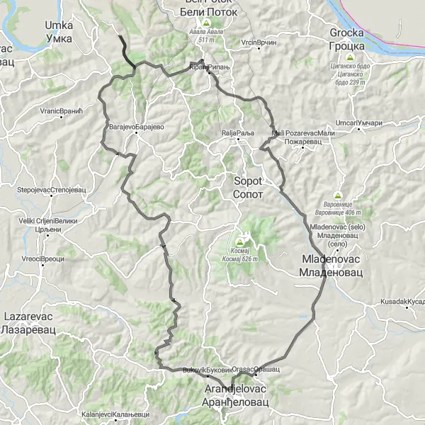 Map miniature of "The Serpentine Loop" cycling inspiration in City of Belgrade, Serbia. Generated by Tarmacs.app cycling route planner