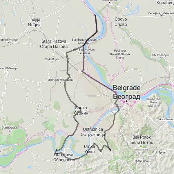 Map miniature of "The Riverside Tour" cycling inspiration in City of Belgrade, Serbia. Generated by Tarmacs.app cycling route planner