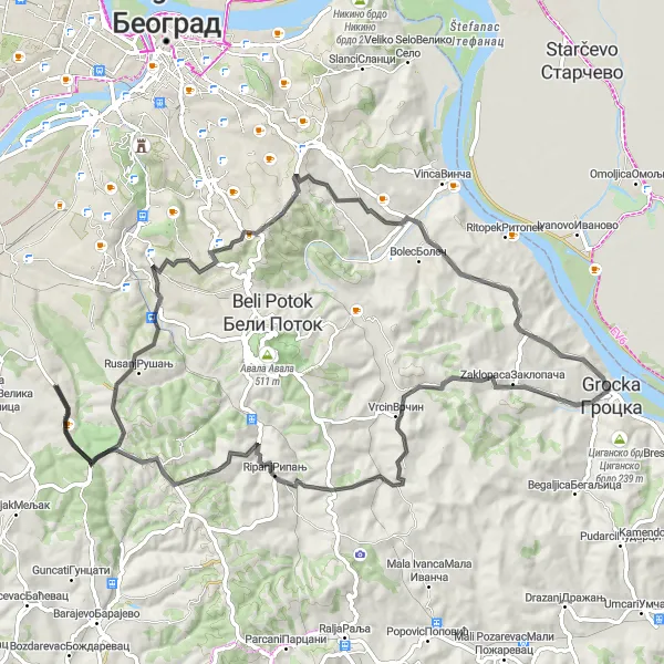 Map miniature of "Southern loop through the scenic landscapes of Sremčica" cycling inspiration in City of Belgrade, Serbia. Generated by Tarmacs.app cycling route planner