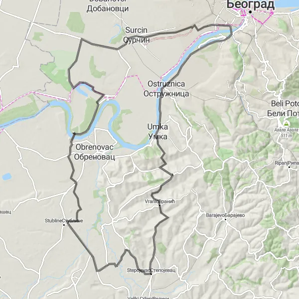 Map miniature of "Belgrade and Sava River Loop" cycling inspiration in City of Belgrade, Serbia. Generated by Tarmacs.app cycling route planner