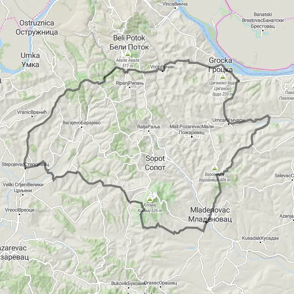 Map miniature of "Mountains and Villages Exploration" cycling inspiration in City of Belgrade, Serbia. Generated by Tarmacs.app cycling route planner