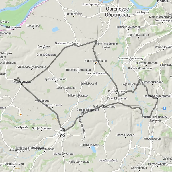 Map miniature of "Exploring Banjani" cycling inspiration in City of Belgrade, Serbia. Generated by Tarmacs.app cycling route planner