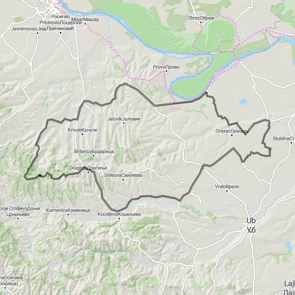 Map miniature of "Banjani and Beyond" cycling inspiration in City of Belgrade, Serbia. Generated by Tarmacs.app cycling route planner