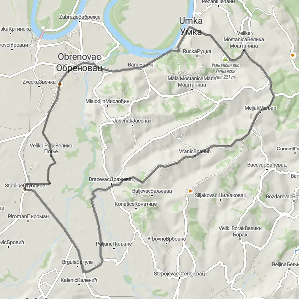 Map miniature of "The Umka Explorer" cycling inspiration in City of Belgrade, Serbia. Generated by Tarmacs.app cycling route planner