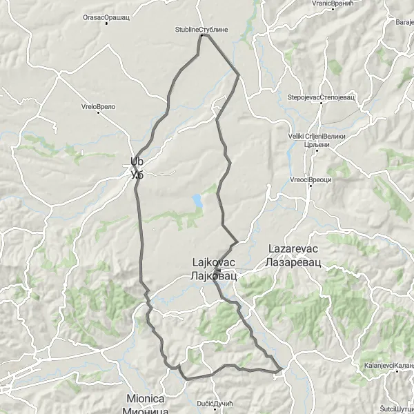 Map miniature of "The Murgas loop" cycling inspiration in City of Belgrade, Serbia. Generated by Tarmacs.app cycling route planner