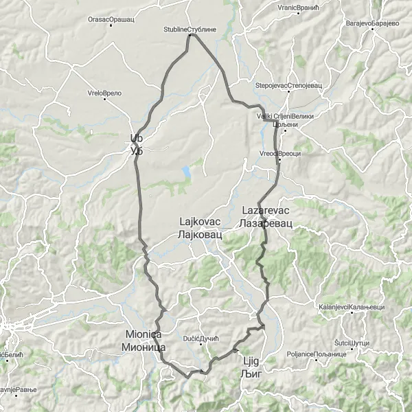 Map miniature of "Discovering Virovac" cycling inspiration in City of Belgrade, Serbia. Generated by Tarmacs.app cycling route planner