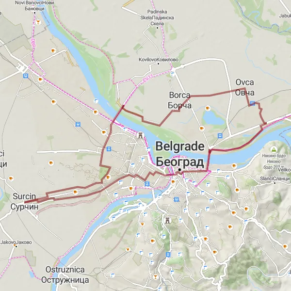 Map miniature of "Surčin and Back: Exploring the Hidden Gems" cycling inspiration in City of Belgrade, Serbia. Generated by Tarmacs.app cycling route planner