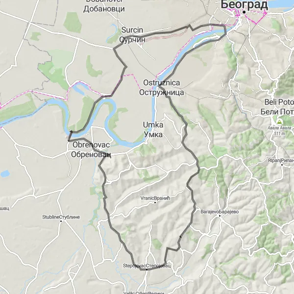 Map miniature of "Surčin and Beyond" cycling inspiration in City of Belgrade, Serbia. Generated by Tarmacs.app cycling route planner