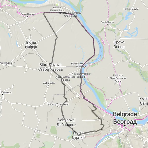 Map miniature of "Road Untouched: Dobanovci to Novi Banovci" cycling inspiration in City of Belgrade, Serbia. Generated by Tarmacs.app cycling route planner