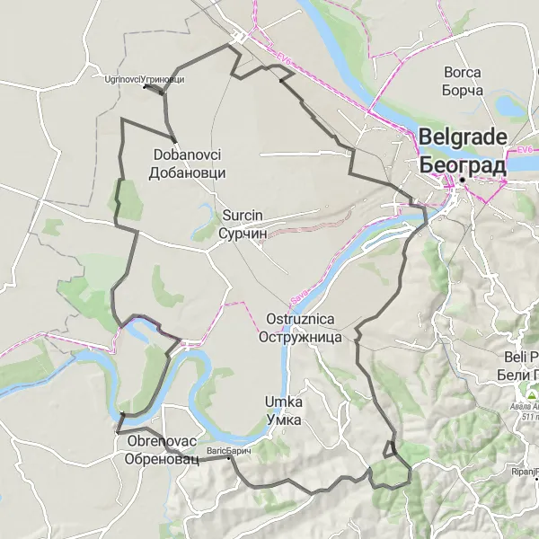 Map miniature of "The Rural Belt" cycling inspiration in City of Belgrade, Serbia. Generated by Tarmacs.app cycling route planner