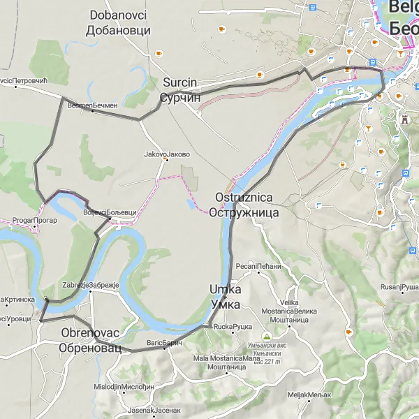 Map miniature of "Baric-Boljevci-Becmen-Surcin-Ostruznica Loop" cycling inspiration in City of Belgrade, Serbia. Generated by Tarmacs.app cycling route planner