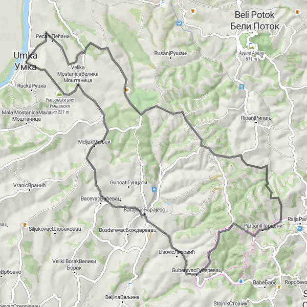 Map miniature of "Umka Loop via Sremcica, Barajevo, and Umnjanski vis" cycling inspiration in City of Belgrade, Serbia. Generated by Tarmacs.app cycling route planner