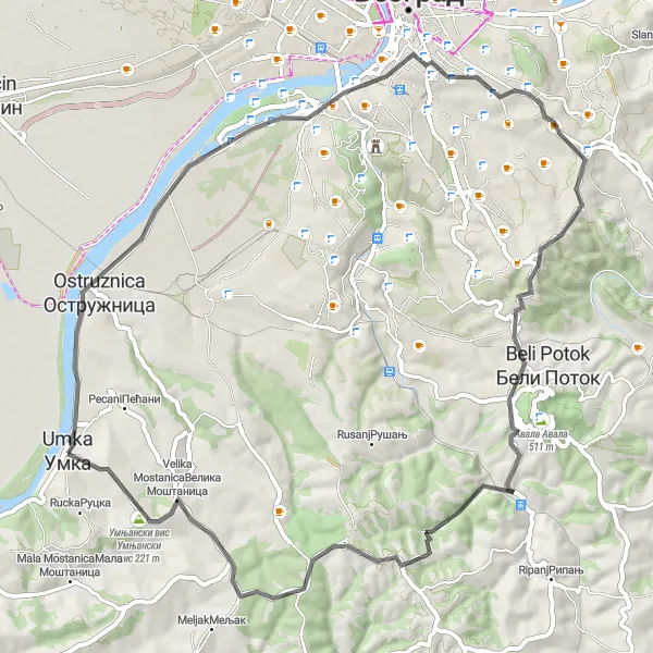 Map miniature of "Ostruznica Loop" cycling inspiration in City of Belgrade, Serbia. Generated by Tarmacs.app cycling route planner