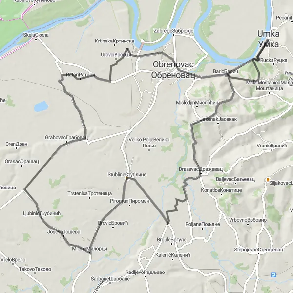 Map miniature of "Drazevac-Ratari-Baric Loop" cycling inspiration in City of Belgrade, Serbia. Generated by Tarmacs.app cycling route planner