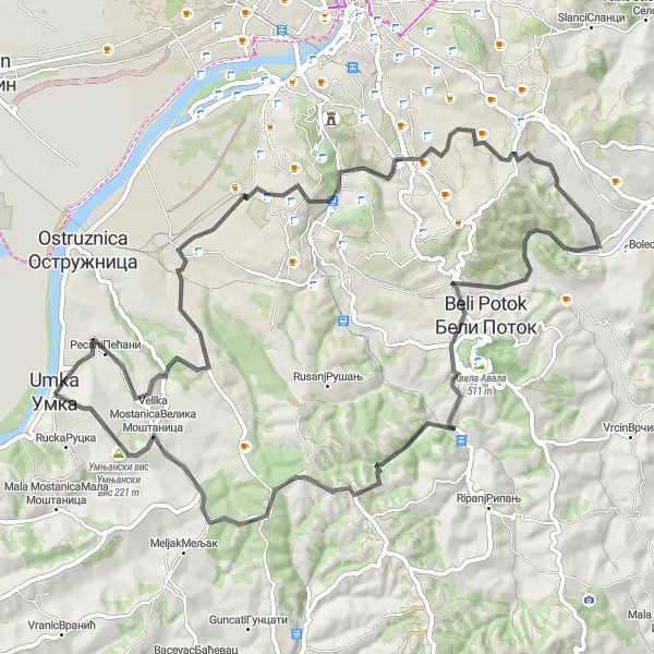 Map miniature of "Kosutnjak-Rakovica-Lestane Loop via Bandere" cycling inspiration in City of Belgrade, Serbia. Generated by Tarmacs.app cycling route planner