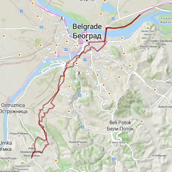 Map miniature of "Off the Beaten Path: Gravel Adventure" cycling inspiration in City of Belgrade, Serbia. Generated by Tarmacs.app cycling route planner