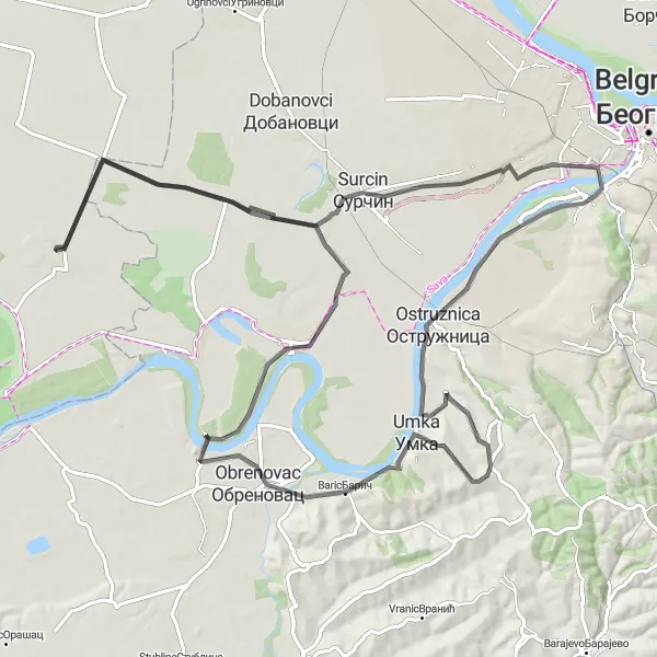 Map miniature of "From Urban to Rural: Exploring Belgrade and Beyond" cycling inspiration in City of Belgrade, Serbia. Generated by Tarmacs.app cycling route planner