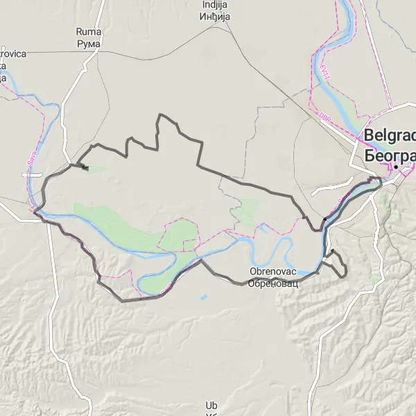 Map miniature of "A Journey through Serbian Countryside" cycling inspiration in City of Belgrade, Serbia. Generated by Tarmacs.app cycling route planner