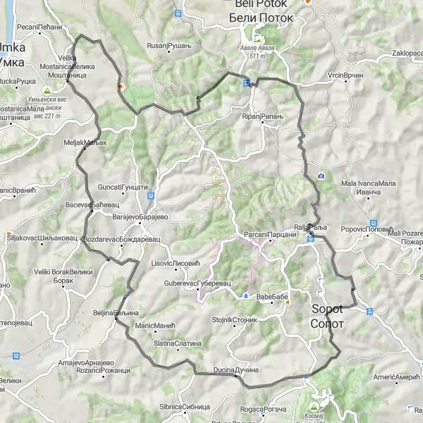 Map miniature of "Journey through the Hills of Serbia" cycling inspiration in City of Belgrade, Serbia. Generated by Tarmacs.app cycling route planner