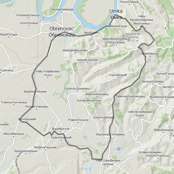 Map miniature of "Discovering Baric and Meljak" cycling inspiration in City of Belgrade, Serbia. Generated by Tarmacs.app cycling route planner