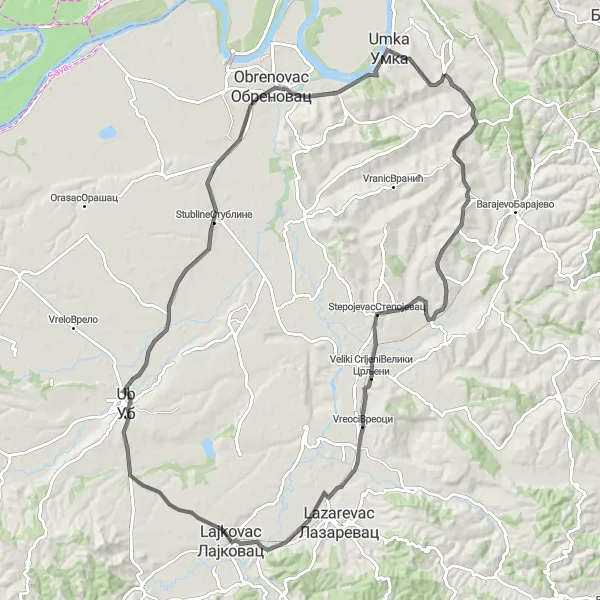 Map miniature of "A Glimpse into the Serbian Countryside" cycling inspiration in City of Belgrade, Serbia. Generated by Tarmacs.app cycling route planner