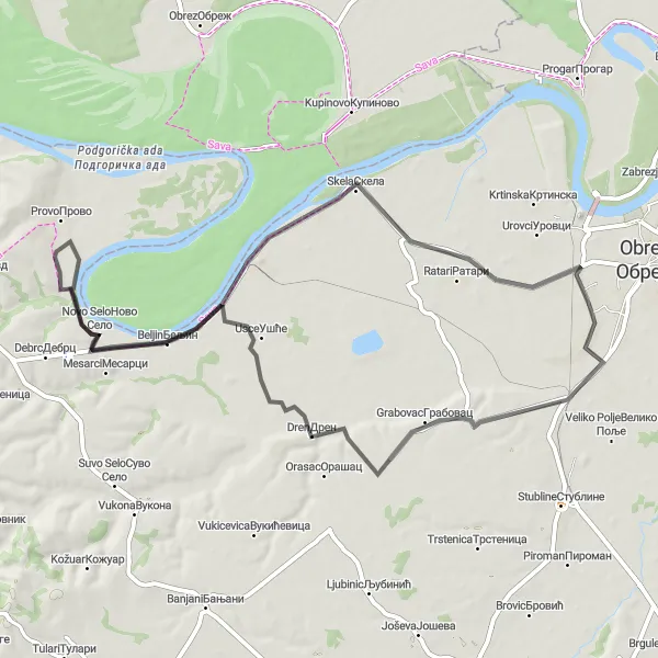 Map miniature of "Dren and Beljin Road Venture" cycling inspiration in City of Belgrade, Serbia. Generated by Tarmacs.app cycling route planner