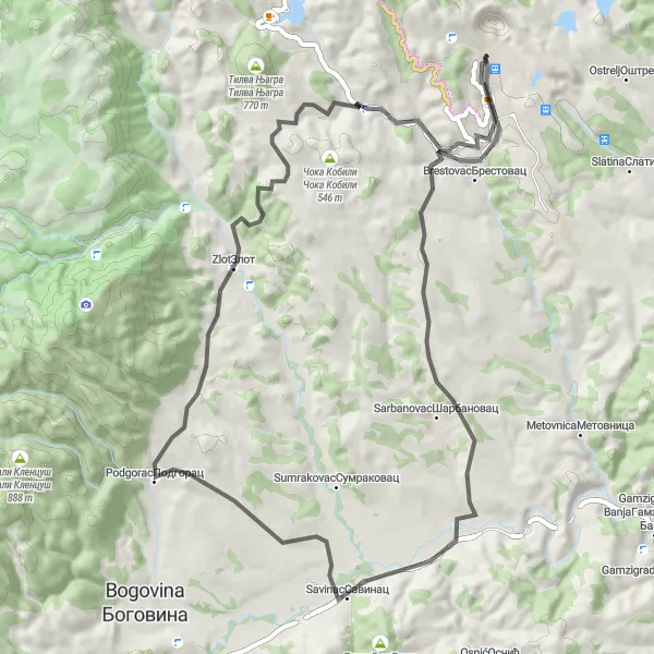 Map miniature of "Discover Sarbanovac by Road" cycling inspiration in Region Južne i Istočne Srbije, Serbia. Generated by Tarmacs.app cycling route planner