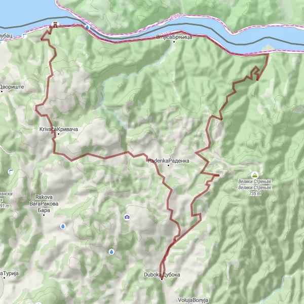 Map miniature of "Exploring Golubac" cycling inspiration in Region Južne i Istočne Srbije, Serbia. Generated by Tarmacs.app cycling route planner